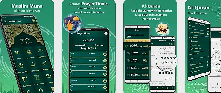 Muslim Muna app offline: Prayer time azan, Quran Majeed, Qibla finder & Calendar